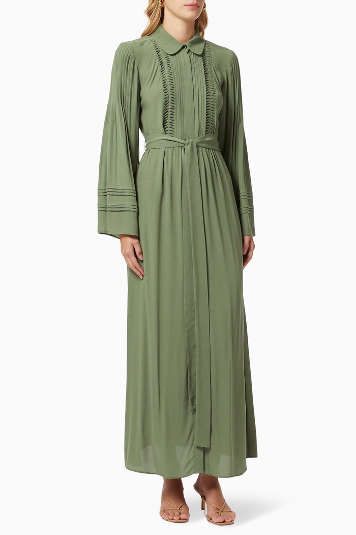 

Pleated Shirt Dress with Belt, Green