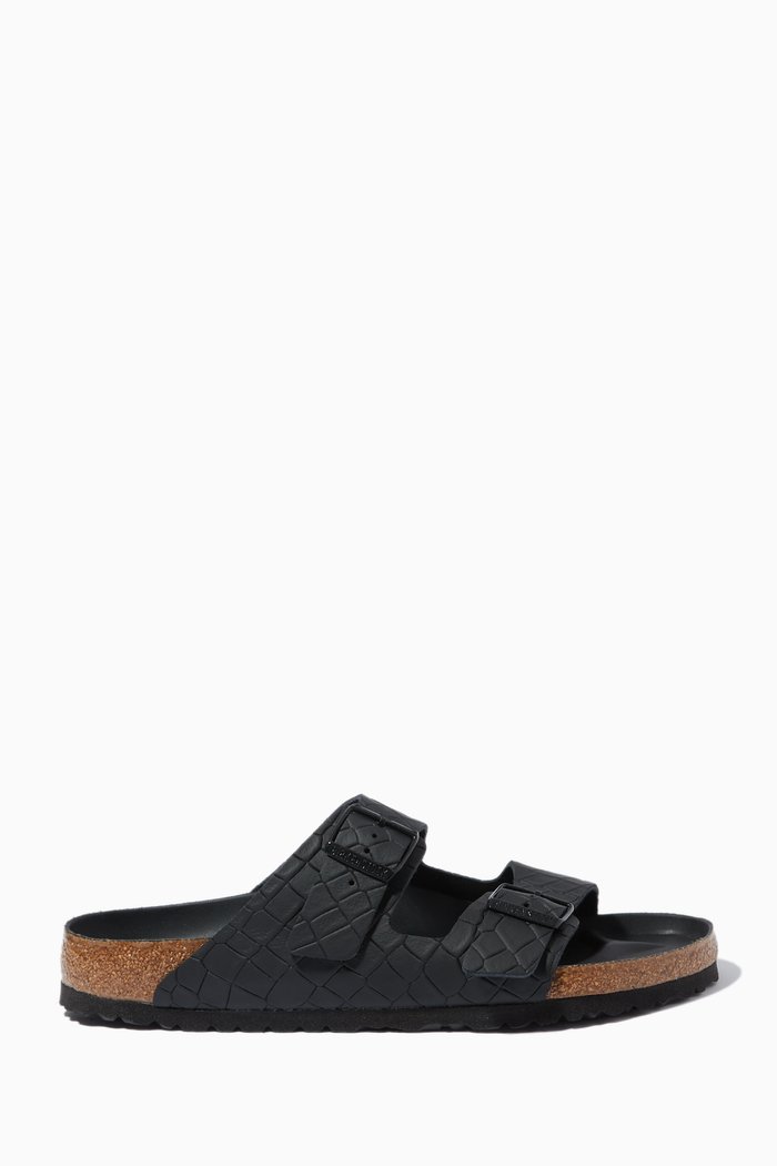 Arizona Sandals in Croc Embossed Natural Leather, Black