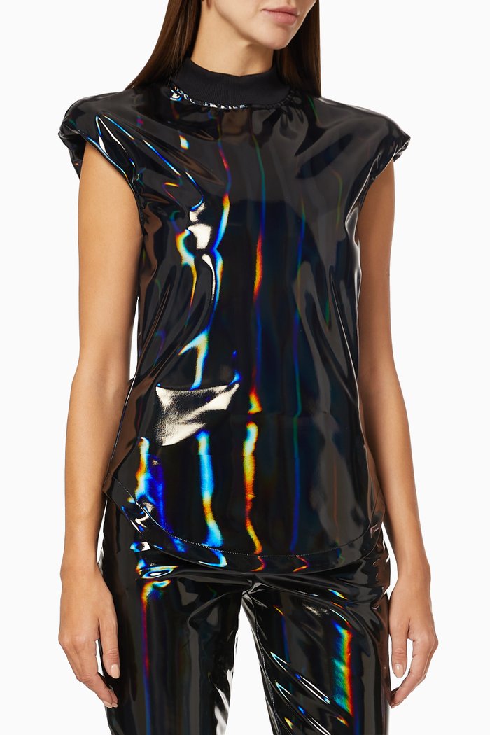 

Padded Shoulder Top in Faux Patent Leather, Black