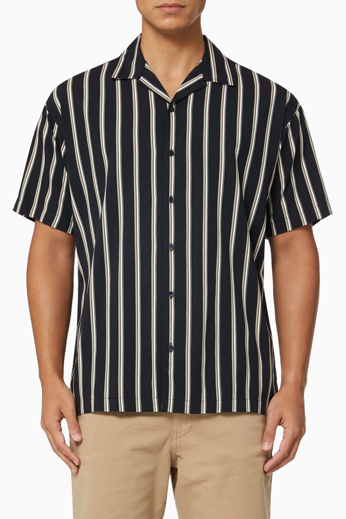

Striped Short Sleeve Shirt in Cotton, Black