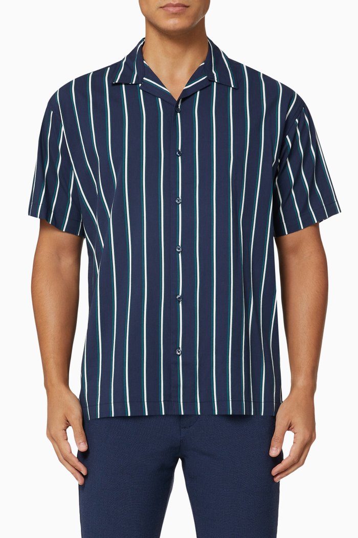 

Striped Short Sleeve Shirt in Cotton, Blue
