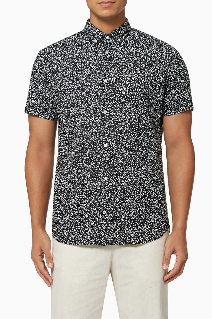 

Printed Shirt in Linen Blend, Black