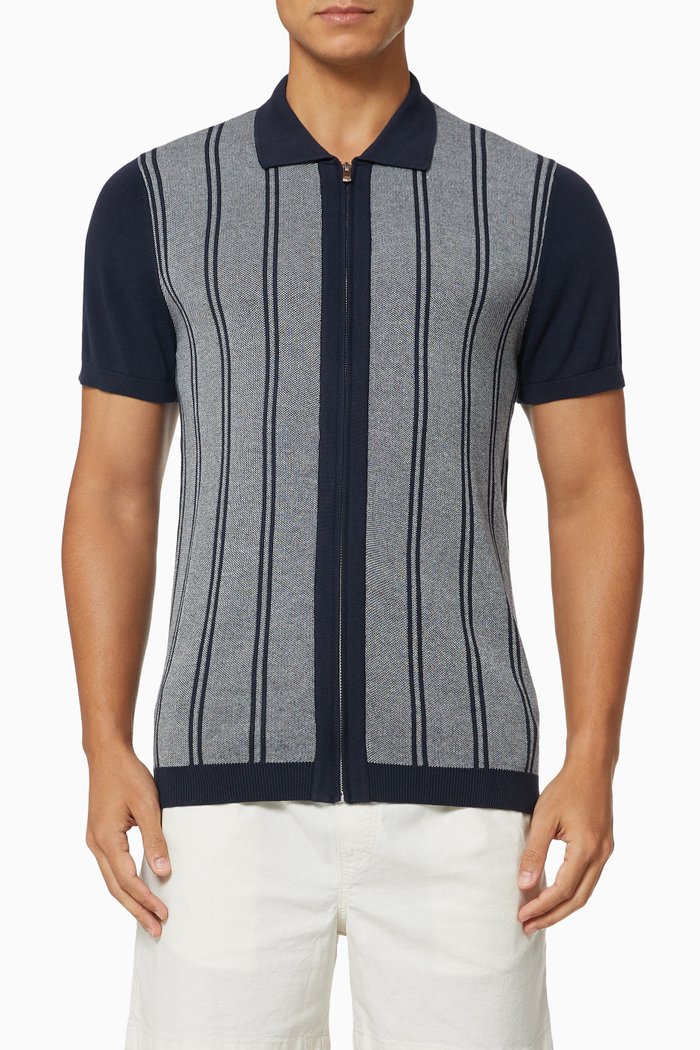 

Zip Cardigan Polo Shirt in Knitted Cotton, Blue