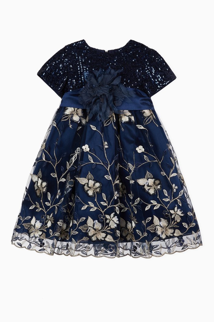 

Sequined Dress with Floral Embroidery, Blue