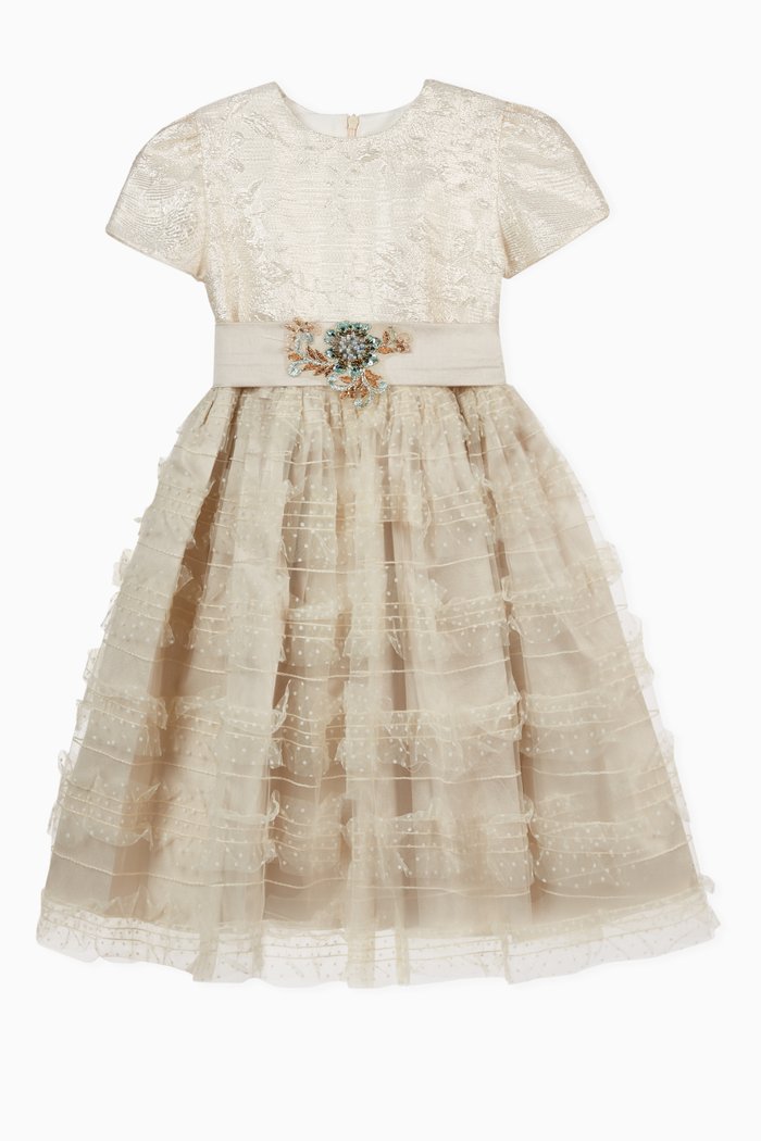 

Jacquard Dress with Tulle Skirt, Neutral