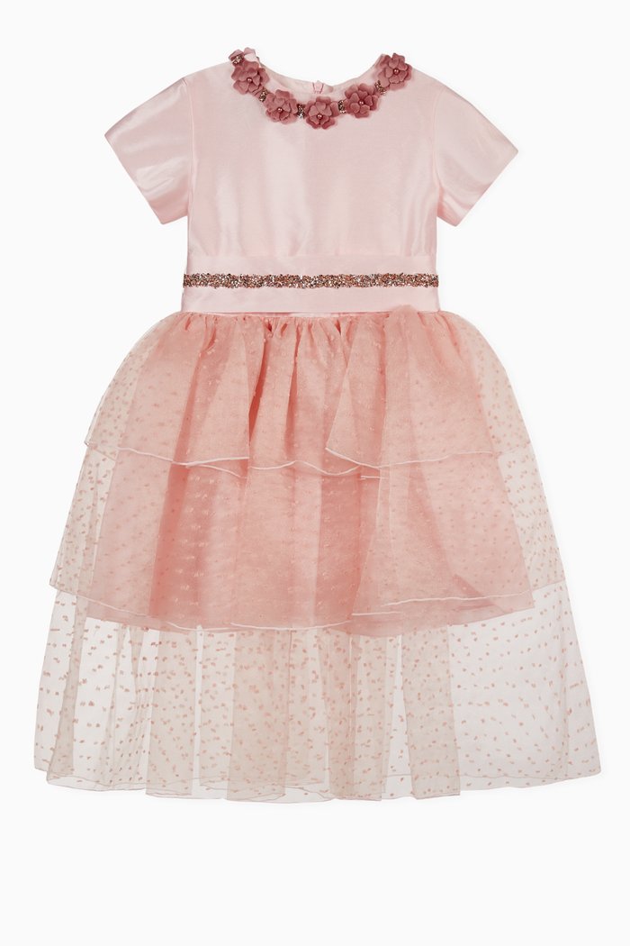 

Floral Applique Dress with Tulle Skirt, Pink
