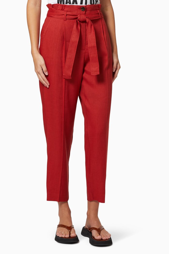 

Ondulato Paperbag Trousers in Twill Linen, Red