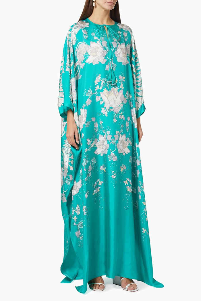 

Rugiada Print Kaftan in Silk Twill, Green