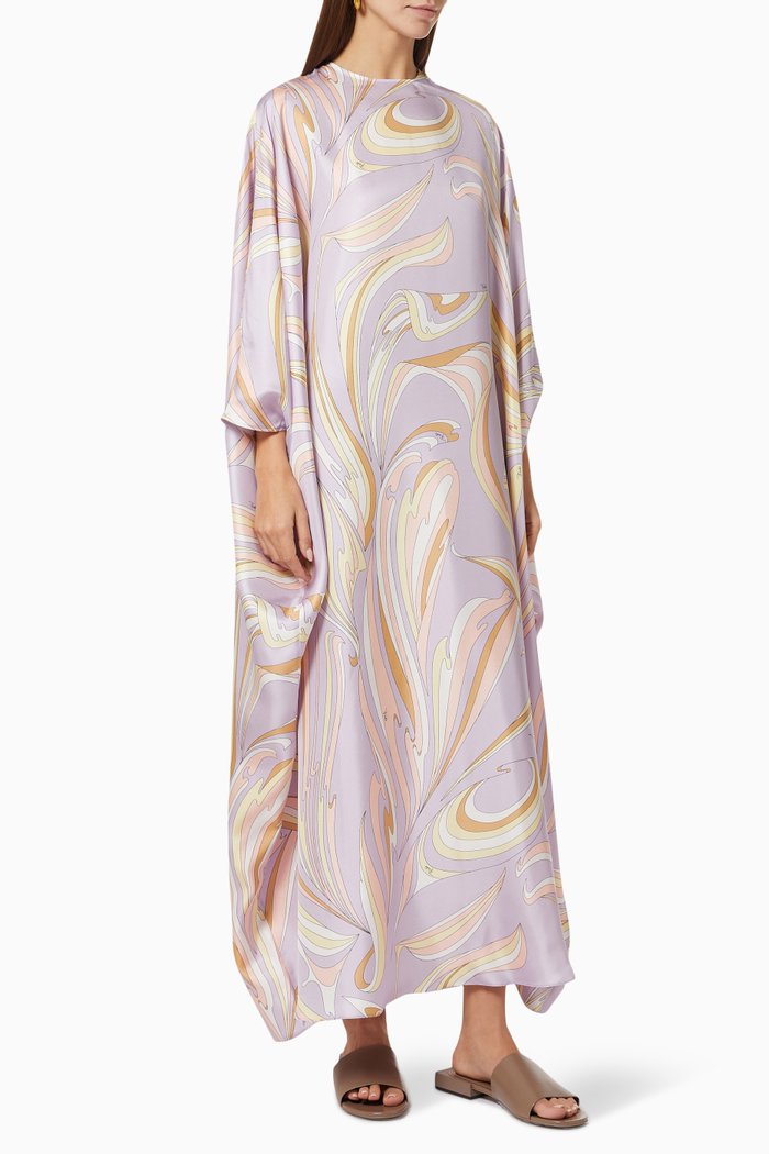 

Vortici Print Kaftan Dress in Silk Twill, Purple
