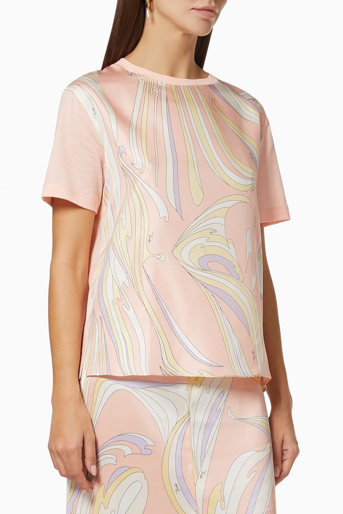 

Vortici Print T-shirt in Silk & Cotton, Pink
