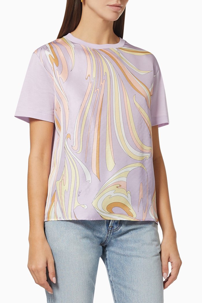 

Vortici Print T-shirt in Silk & Cotton, Purple