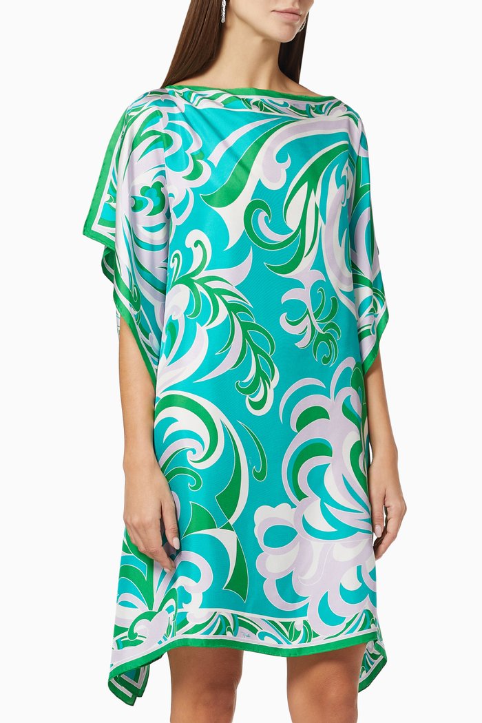 

Albizia Print Short Kaftan Dress in Silk Twill, Green
