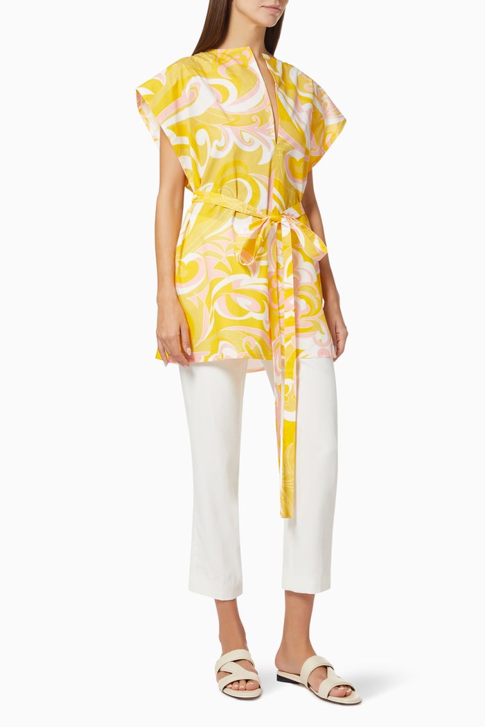 

Albizia Print Belted Top in Cotton, Yellow