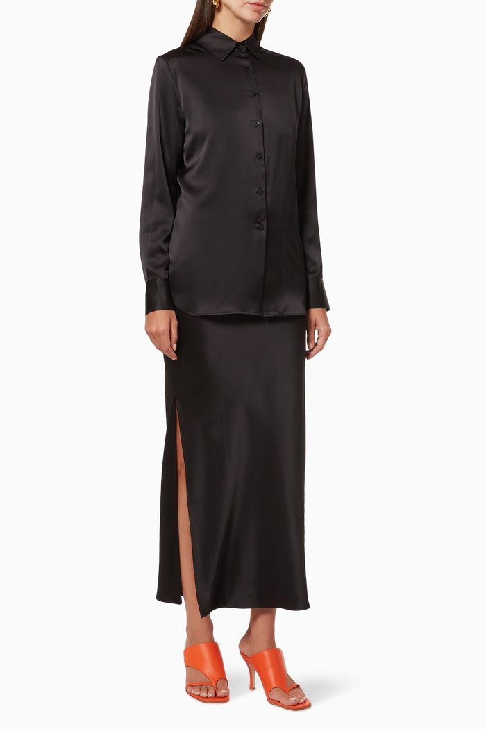 

Button Up Bias Shirt Dress in Silk Satin, Black