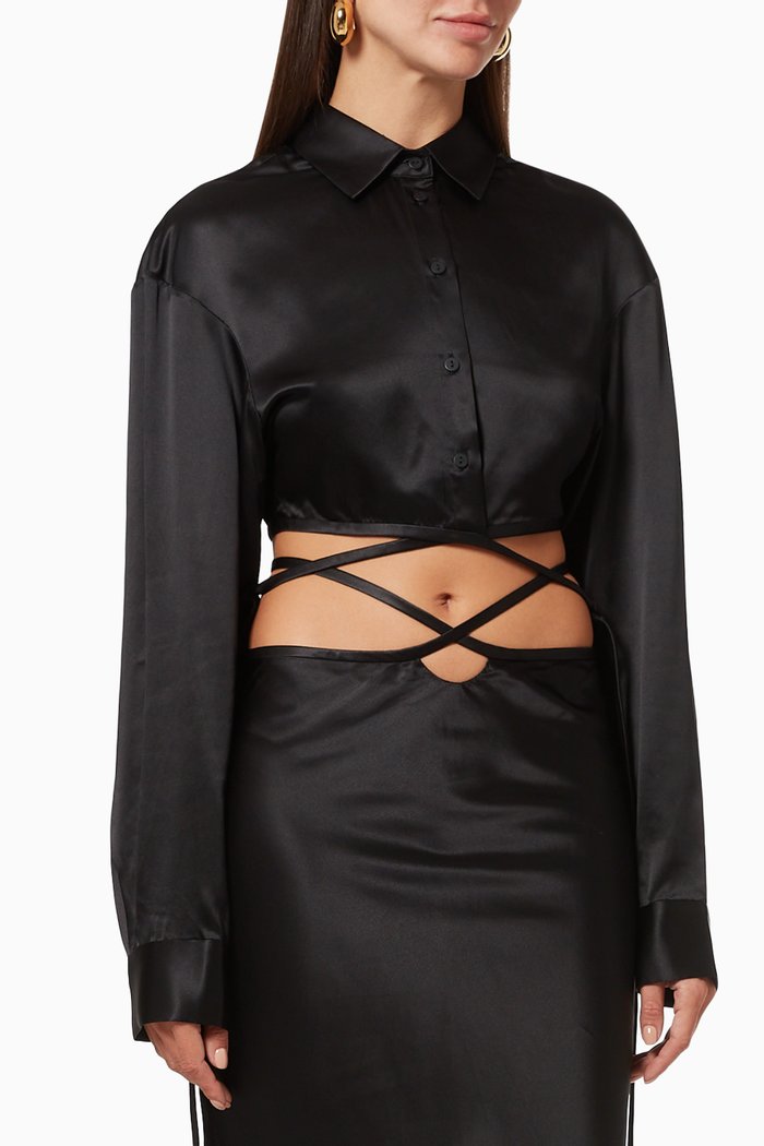 

Cropped Tie Shirt in Matte Silk Satin, Black