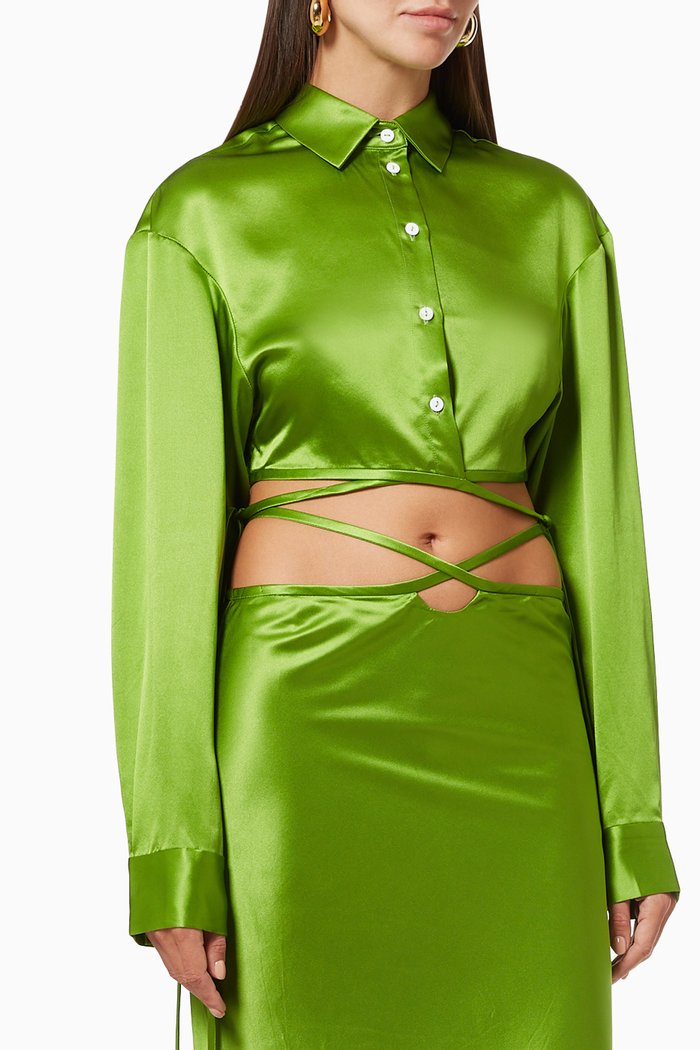

Cropped Tie Shirt in Matte Silk Satin, Green