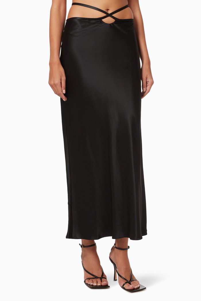 Loophole Bias Tie Skirt in Silk Satin, Black