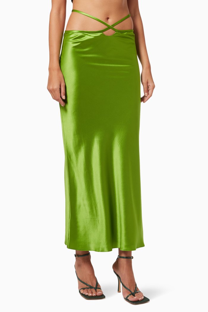 

Loophole Bias Tie Skirt in Silk Satin, Green