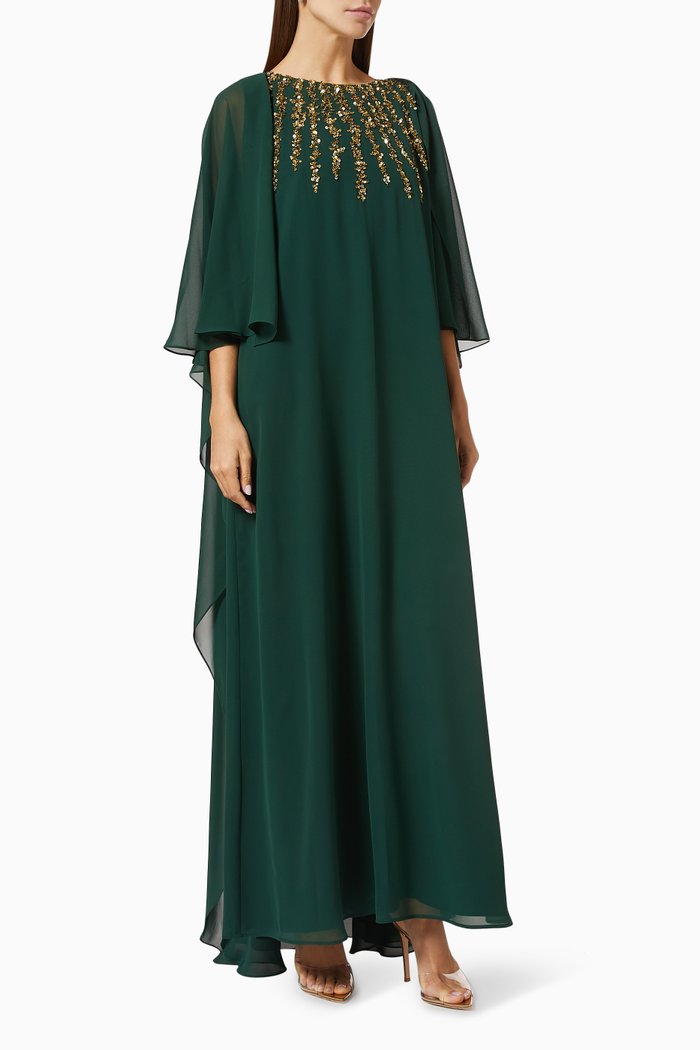 

Sequin Embroidered Kaftan in Crepe, Green