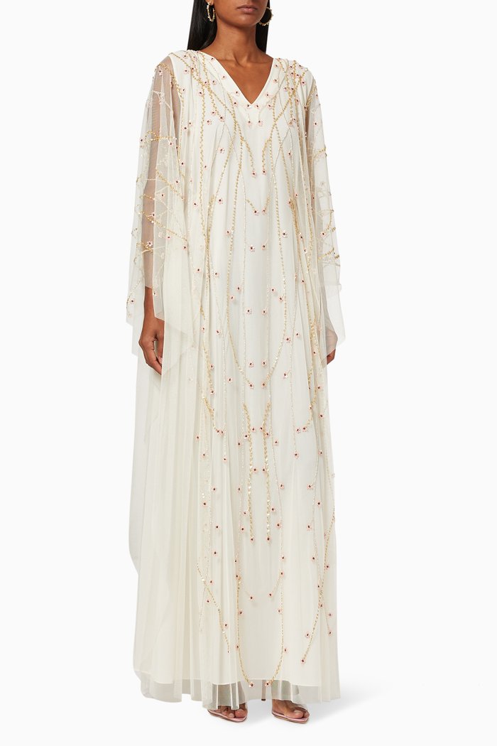 

Floral Embroidered Kaftan in Tulle, Neutral