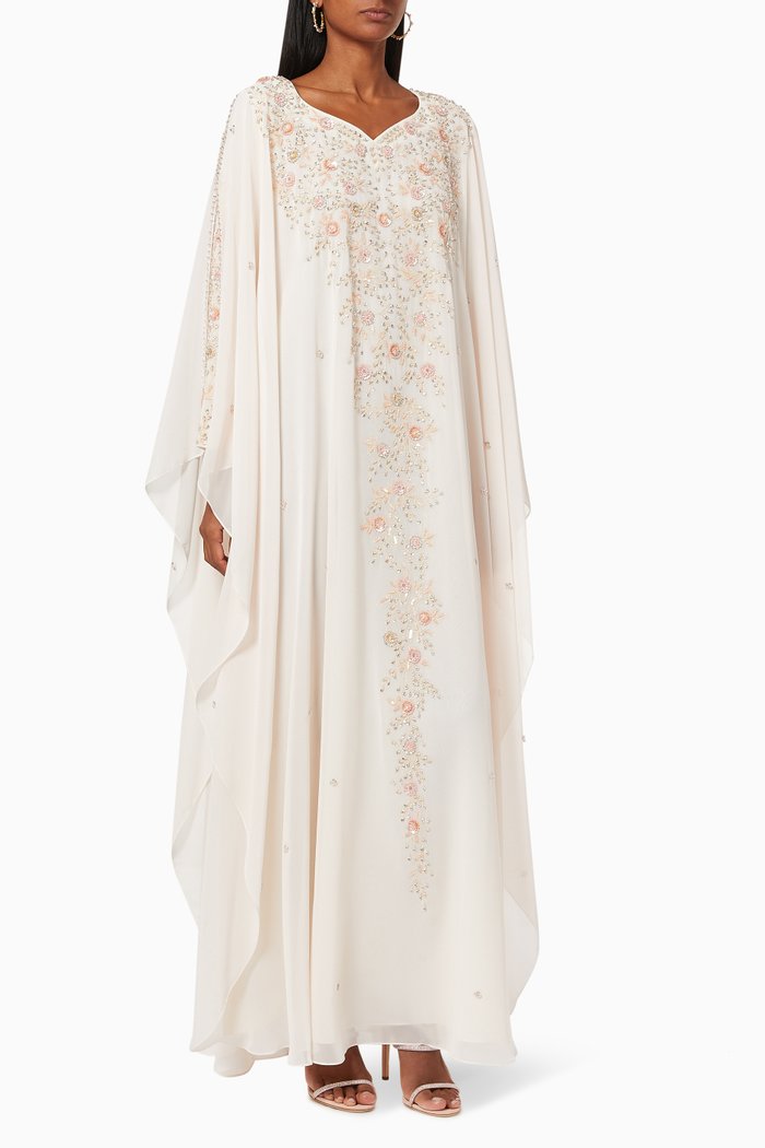 

Floral Embroidered Thoub in Silk, Neutral