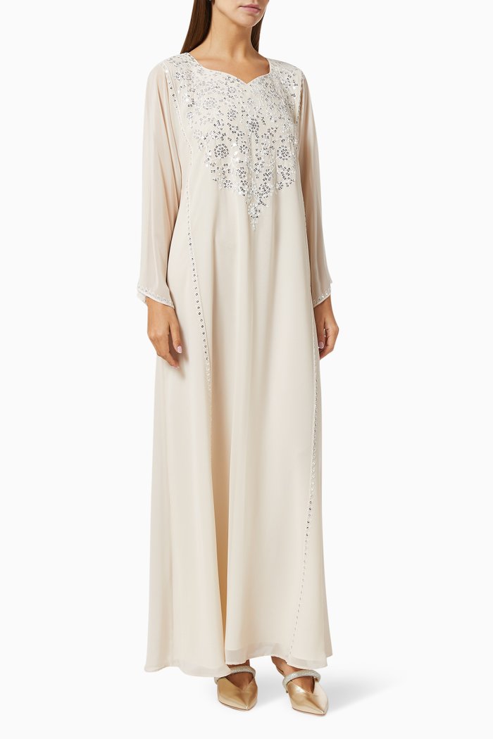 

Sequin Embroidered Jalabiya in Crepe, Neutral