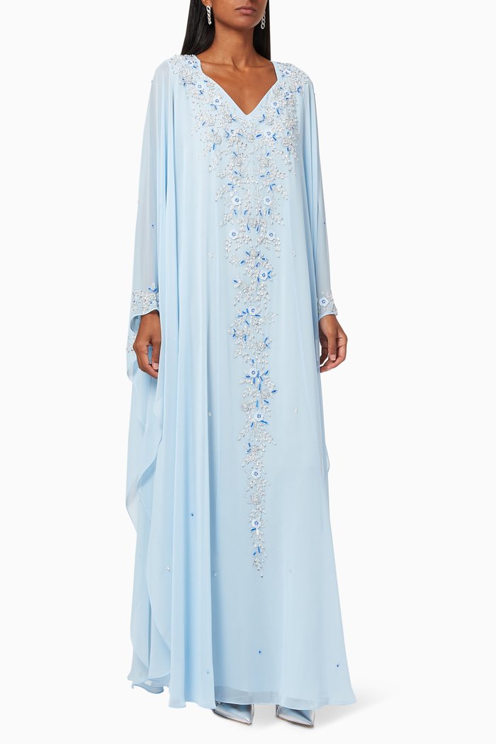 

Floral Embroidered Kaftan in Chiffon, Blue