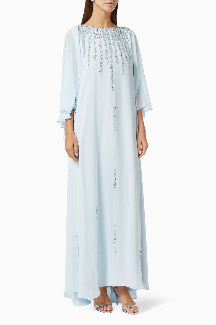 

Sequin Embroidered Cape Dress in Chiffon, Blue