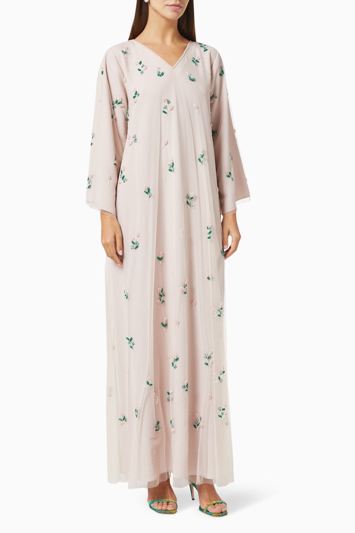 

Floral Beaded Kaftan in Tulle, Pink