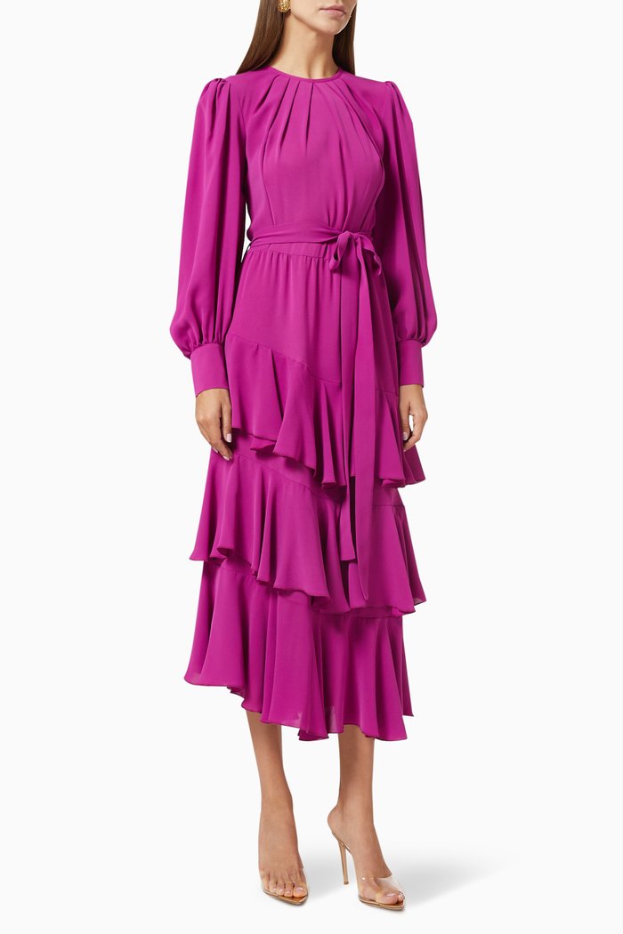 

Asymmetric Tiered Dress with Belt, Neutral