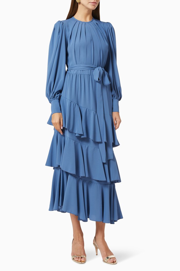 

Asymmetric Tiered Dress with Belt, Blue