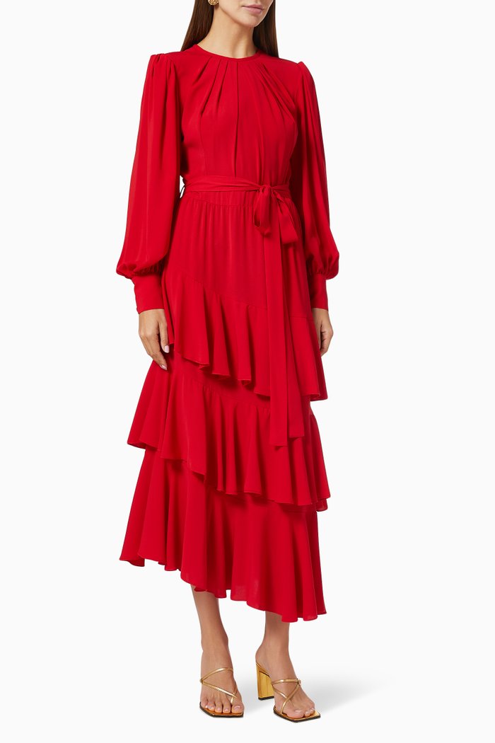 

Asymmetric Tiered Dress with Belt, Red