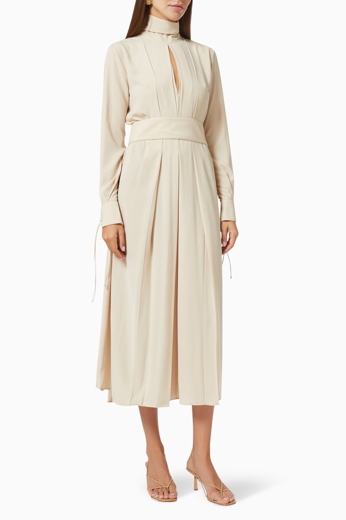 

Pleated Dress with Belt, Neutral