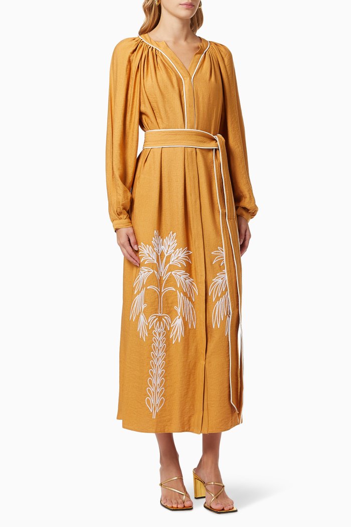 

Palm Tree Embroidered Dress with Belt, Neutral