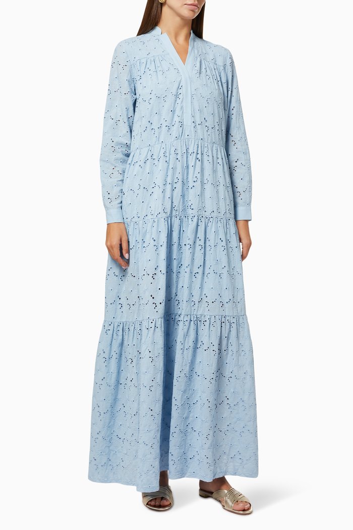 Embroidered Tiered Dress, Blue