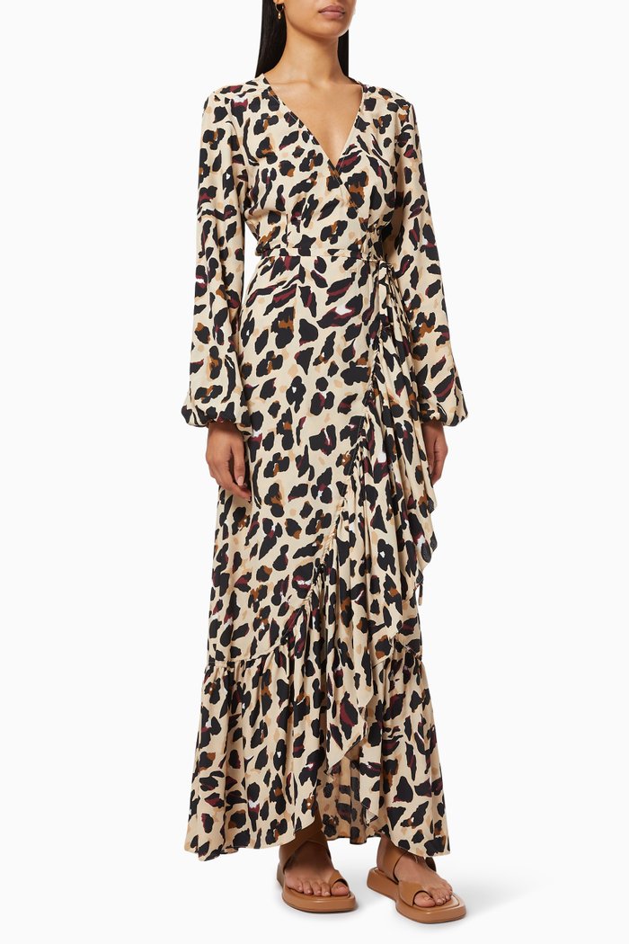 

Frill Wrap Dress with Animal Print, Brown