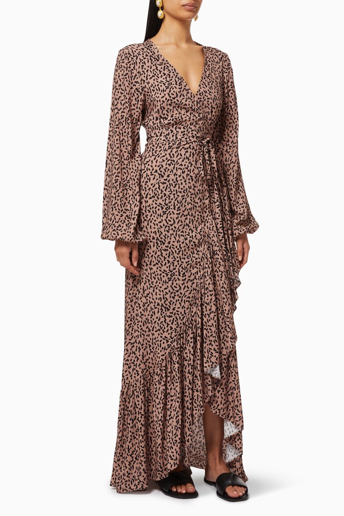 Frill Wrap Dress with Animal Print, Multicolour