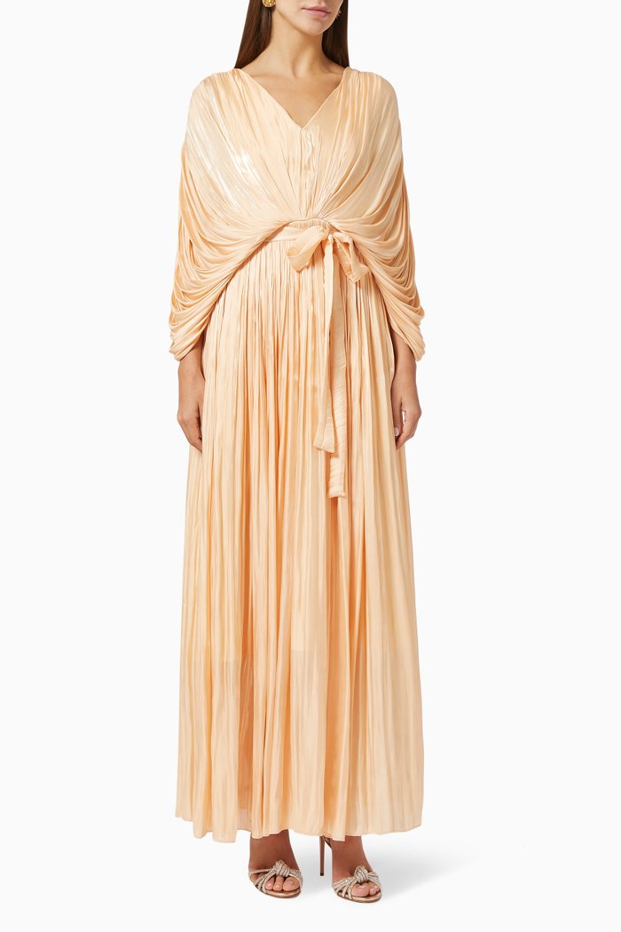 Draped Belted Abaya in Satin, Neutral