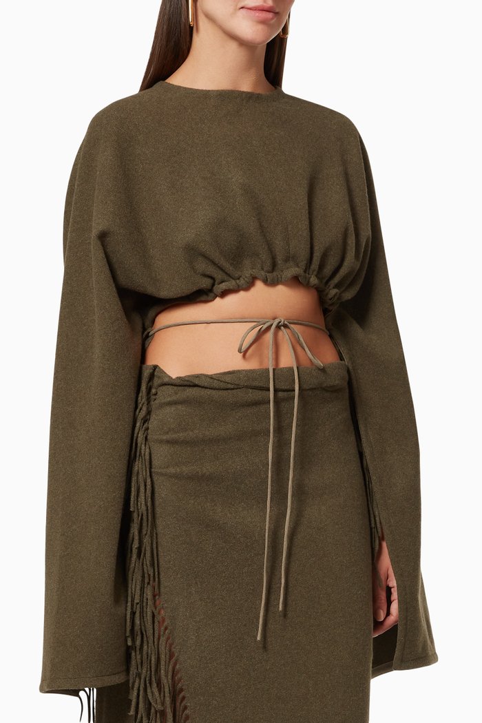 

Tasseled Sleeve Scarf Crop Top, Brown