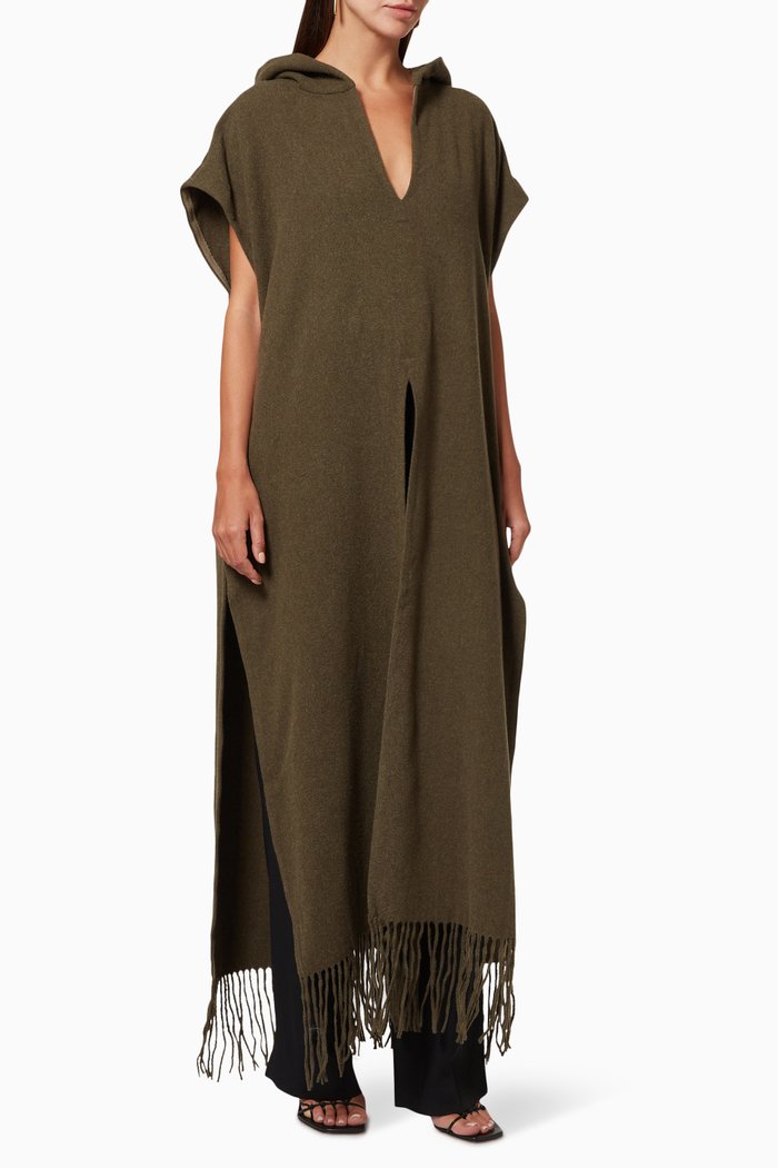 

Hooded Tasselled Poncho in Brushed Wool Blend, Brown