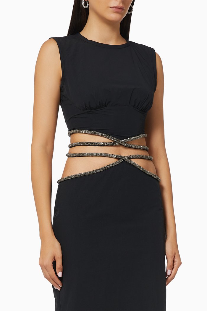 Underwire Crystal Tie Crop Top in Cotton, Black
