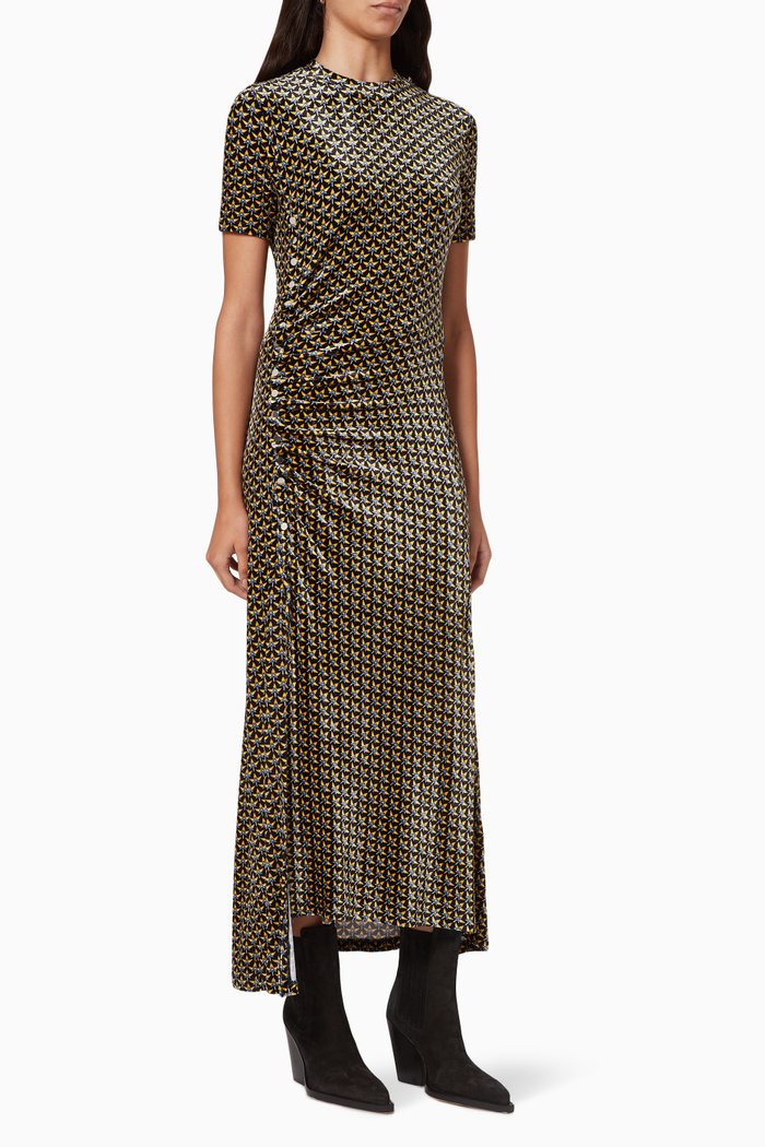 

Button Ruched Dress in Velvet, Blue