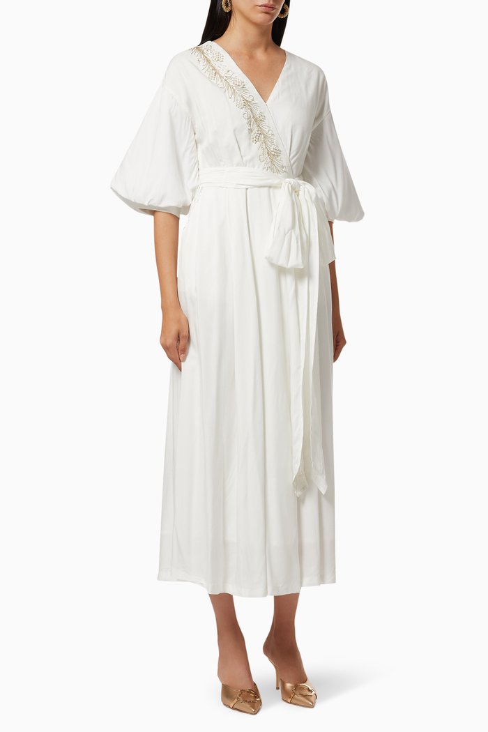 

Beaded Wrap Dress with Belt, Neutral
