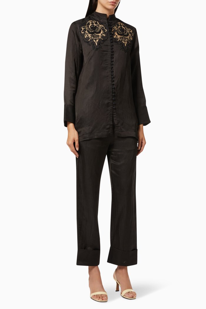 

Floral Embroidered Top & Pant Set, Black