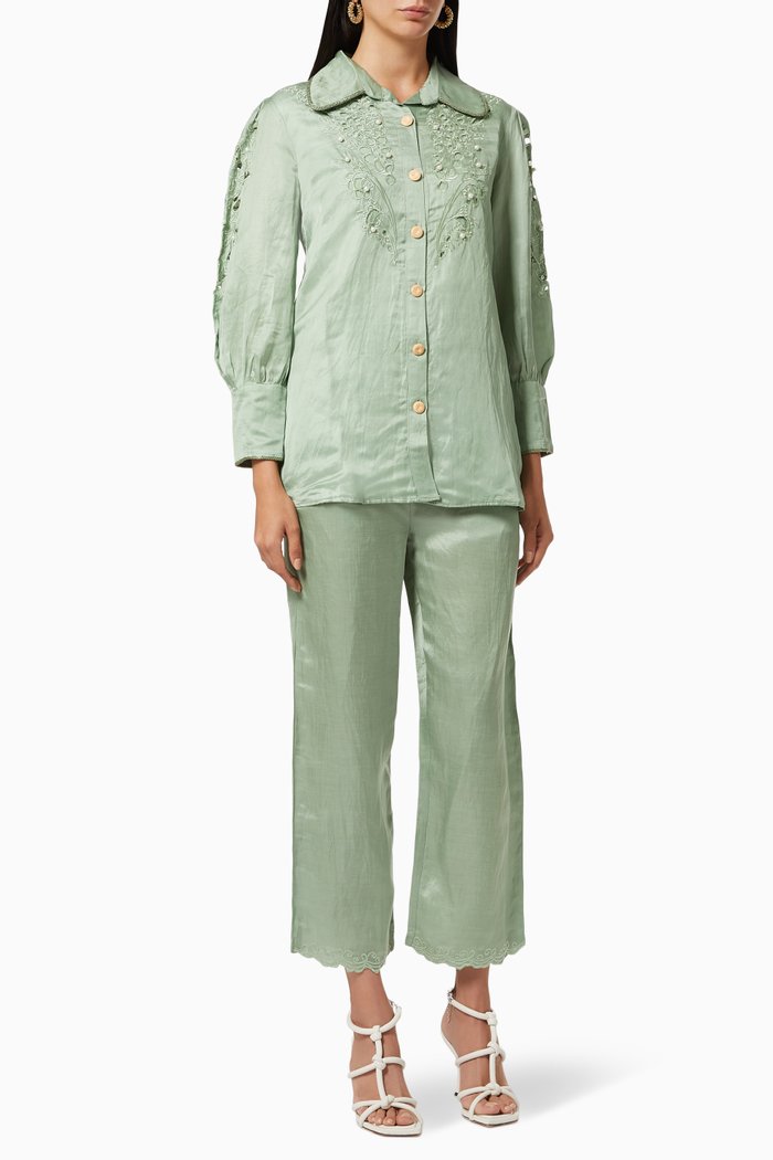 

Embroidered Blouse & Pant Set, Green
