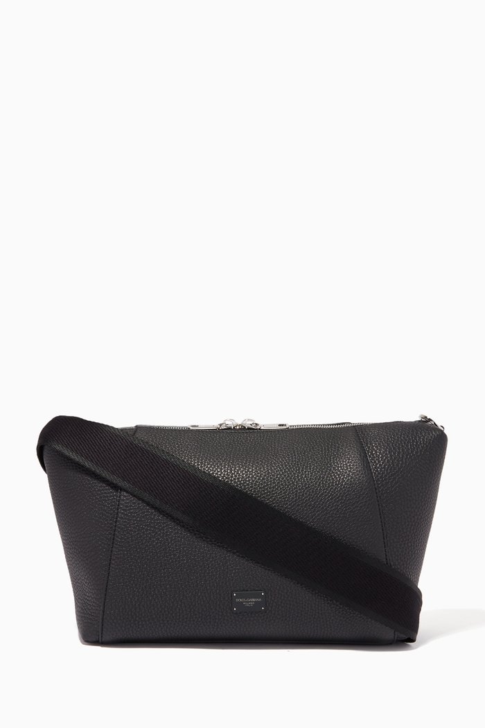 Palermo Crossbody Bag with Branded Plate in Hammered Leather, Black