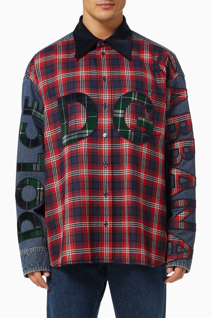 

Shirt with DG Patch in Tartan Wool & Denim, Red