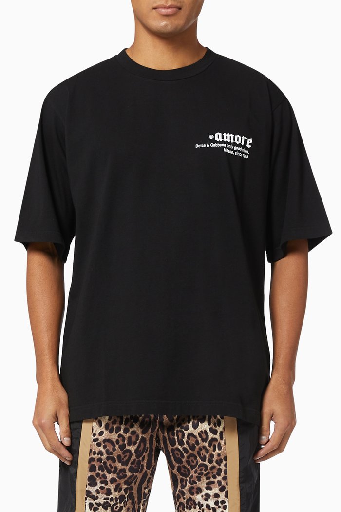 

Oversize T-shirt with Frayed Leopard Patch in Cotton Jersey, Black