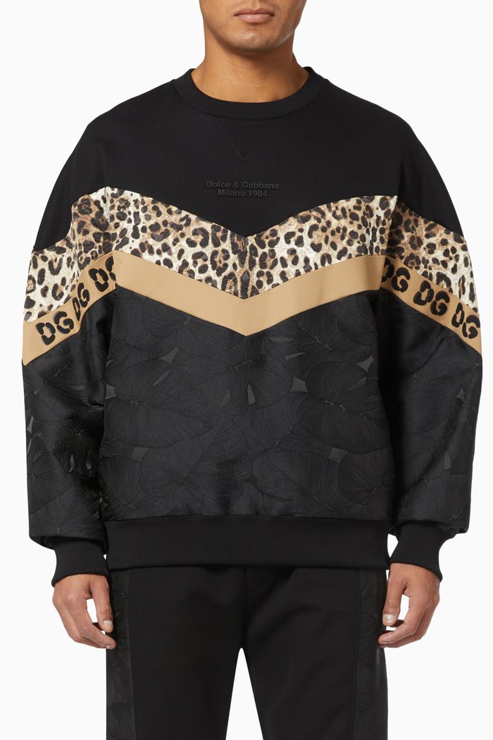 

Sweatshirt with Leopard Inserts in Jersey & Jacquard, Black