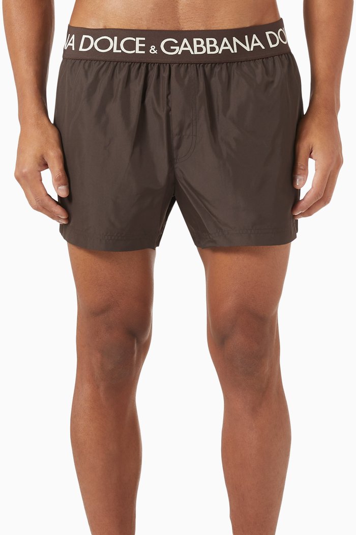 

Swim Shorts with Branded Waistband, Brown